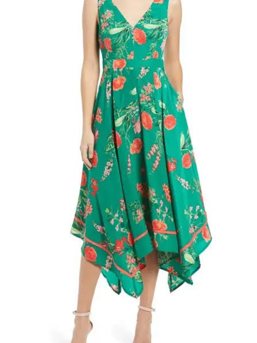 Vince Camuto Green Floral Asymmetrical Handkerchief Hem Dress